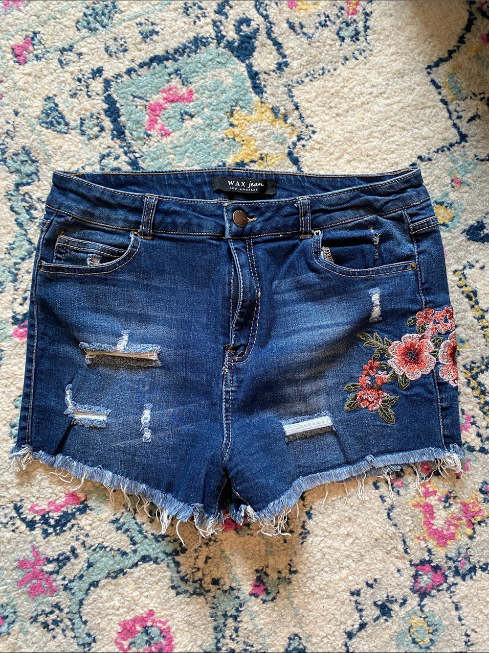 WAX Jean Dark Blue Distressed Denim Shorts with Pink Floral Embroidery